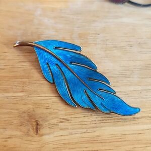 Norway 925 Sterling Vintage Blue Enamel Leaf Brooch